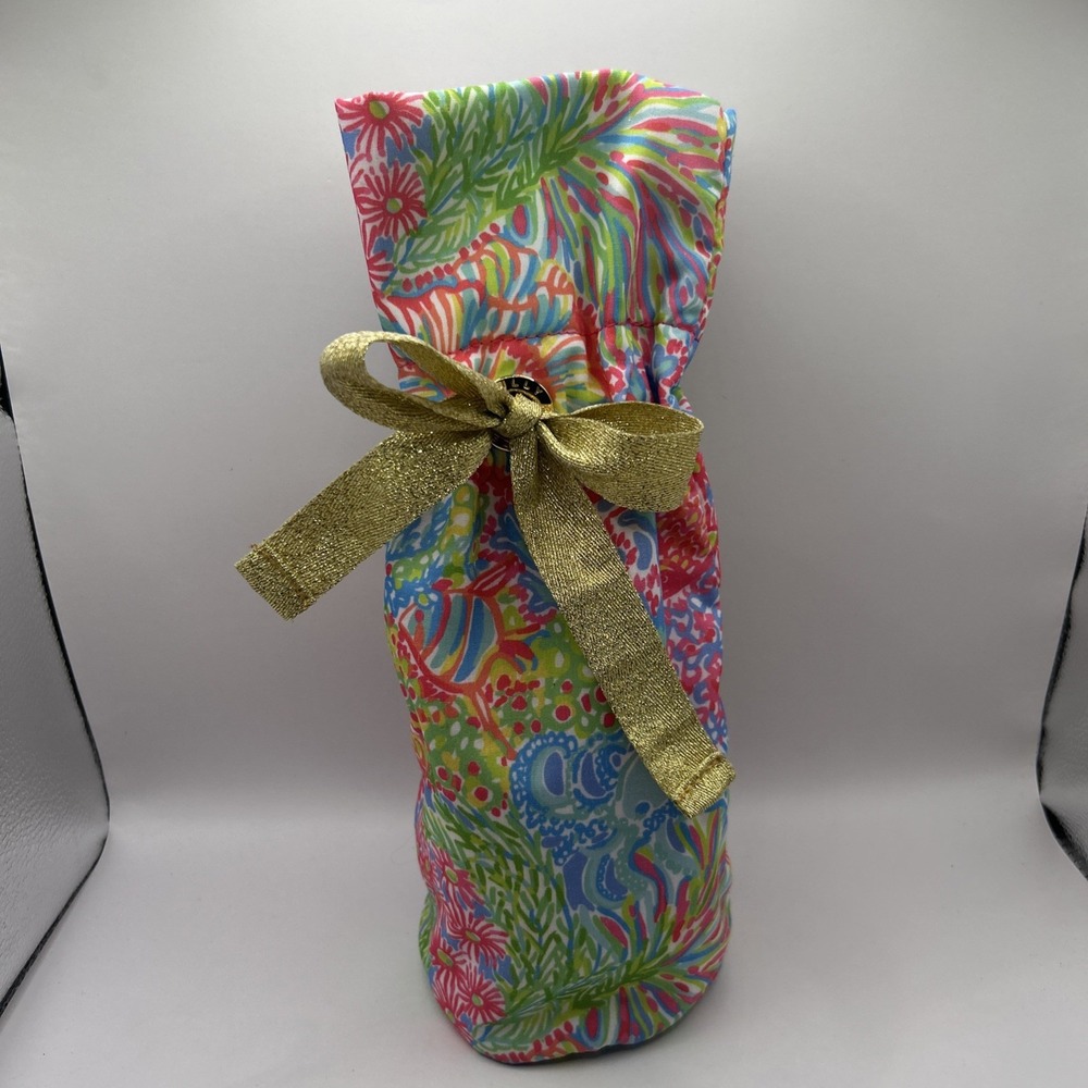Lilly Pulitzer Wine Bottle Bag Insulated Floral Print Gold Ribbon Gift Tote
